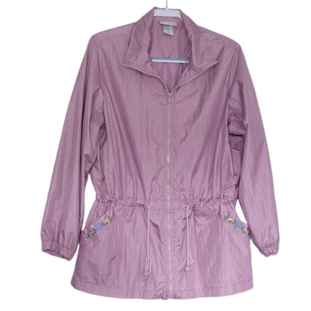 Blair Womens L Windbreaker Jacket Large Coat Zip Embroidered Flowers Grannycore